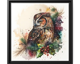 Watercolor Owl | Square Framed Wall Hanging | Fall Autumn Decorations | Winter Seasonal Wall Décor | Animals Birds Wildlife Berries Holly
