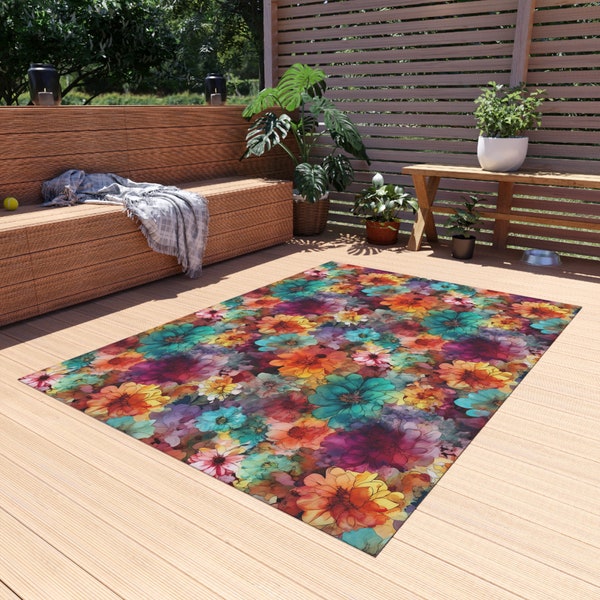 Colorful Wildflowers Outdoor Area Rug | Bold Flowers Floral Carpet Runner | Yellow Orange Aqua Pink Lavender Posies Pansies Patio Accent Mat