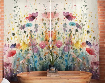 Watercolor Wildflowers Semi Sheer Window Curtains | Colorful English Garden Flowers | Landscape Floral Aesthetic Fabric White Red Green Blue