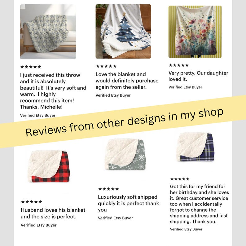 May include: Five customer reviews for a soft, cozy throw blanket. The reviews highlight the blanket's softness, warmth, and overall quality. The reviews also mention the blanket's size and the seller's customer service.