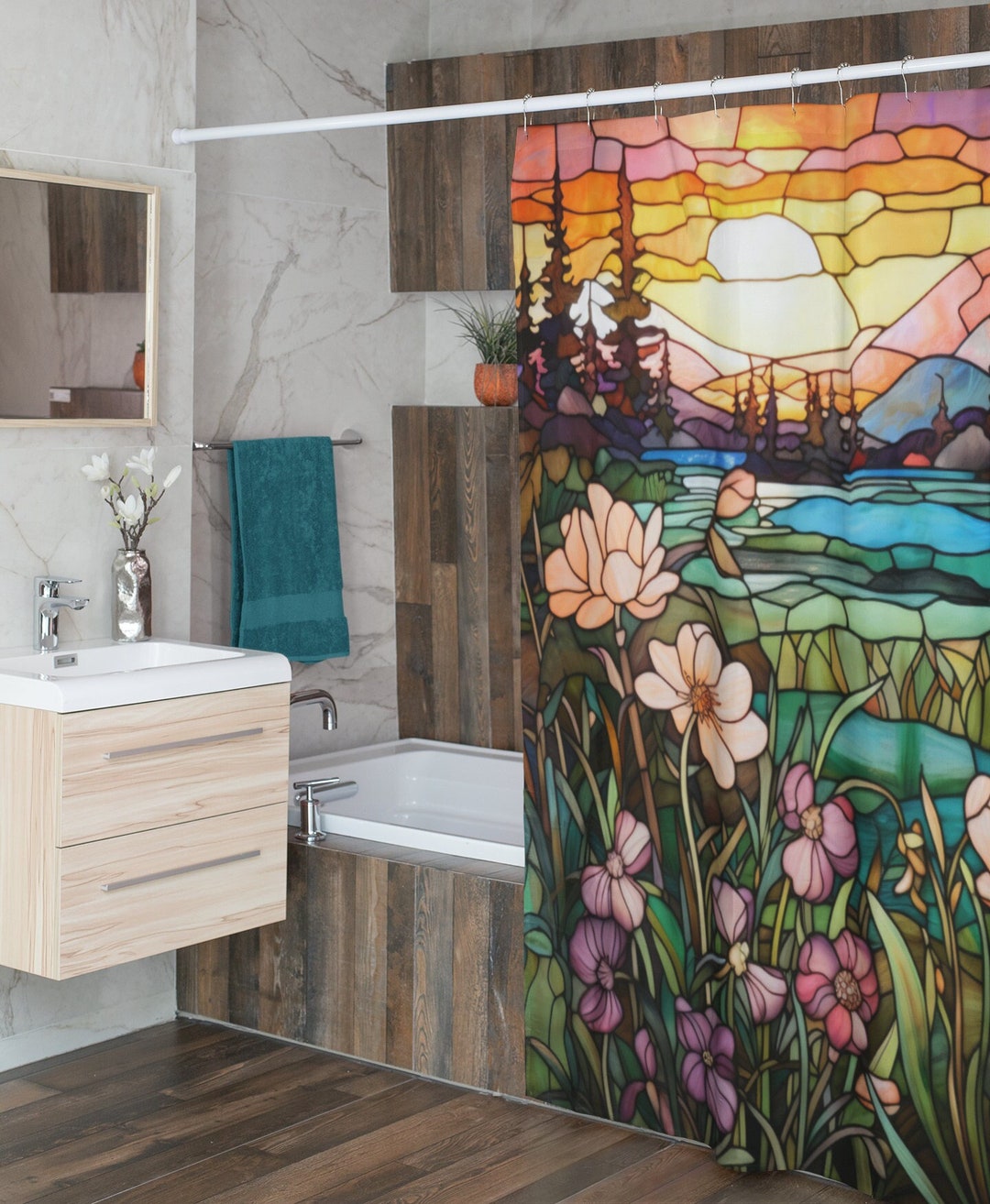 Wildflower Forest Meadow Sunset Shower Curtain Colorful Stained Glass