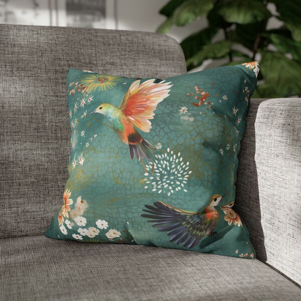 Hummingbird Flowers Square Pillow Cover | Colorful Floral Accent Throw Pillow | Art Nouveau Home Décor | Teal Green Pink Peach | Euro Sham