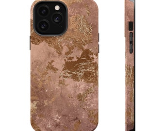 Rose Gold Kupfer Tough Handyhülle | MagSafe kompatible Hülle passend für iPhone 15 14 13 Pro Plus Max Mini | Pink Peach irisierend Luxus Metalic