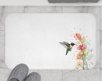 Hummingbird Bath Mat, Watercolor Floral Bathroom Rug, Colorful Spring Refresh Nature Decor, Bird Lover Home Accent