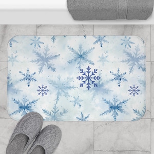 Snowflake Flurry Bath Mat | White Blue Aqua Bathroom Rug | Christmas Holiday Decor | Non-Slip Shower Mat | Winter Home Seasonal Accessories
