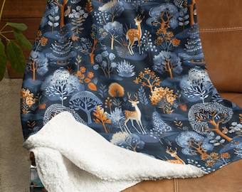 Sherpa Fleece Blanket | Soft Plush Cozy Fall Winter Wonderland Throw Blanket | Woodland Forest Animals Warm Coverlet | Tree Deer Blue Orange