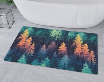 Enchanted Forest Floor Mat | Mystical Woods Bathroom Décor | Black Peach Green Lavender Yellow | Fir Trees Woodland Bath Mat Door Mat