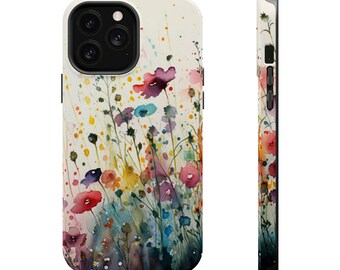 Étui pour portable robuste MagSafe, fleurs sauvages et fleurs aquarelle | compatible avec l'iPhone 15 14 13 Pro Plus Pro Max Mini | cadeau pour elle | Fleurs de jardin colorées