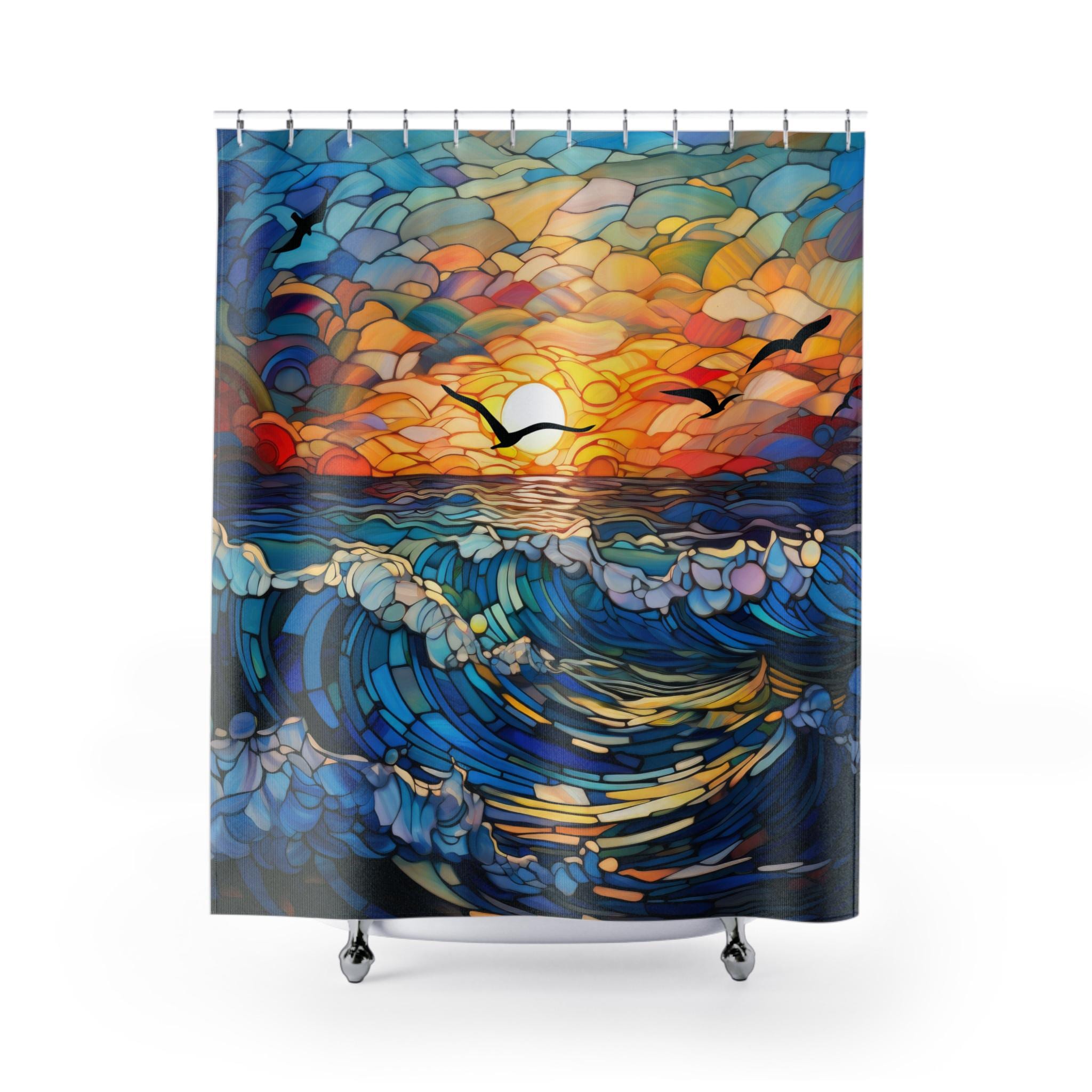 Ocean Sunset Faux Stained Glass Shower Curtain Beachy Bathroom Decor…