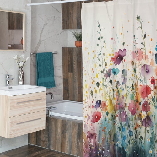 Wildflowers Shower Curtain | Colorful Floral Bathroom Décor | White Blue Green Red | Flowers Aesthetic Bath Set | Wildflower Garden Bath Mat