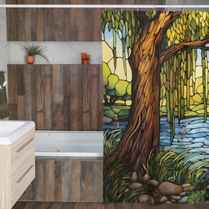 Weeping Willow Garden Shower Curtain | Colorful Stained Glass Effect Bathroom Décor | Blue Green Yellow | Bayou Landscape Tree Lake Peaceful