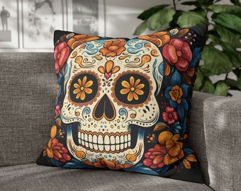 Colorful Sugar Skull Square Pillow Cover | Dia de Los Muertos Accent Pillow | Day of the Dead Home Décor | Black Pink Orange Throw Pillow
