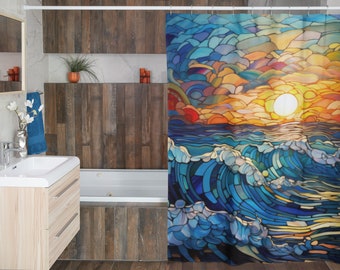 Rideau de douche Ocean Sunrise effet vitrail | Rideau de bain panoramique | Ensembles de bain Beachy Waves Sunset | Bleu Vert Orange