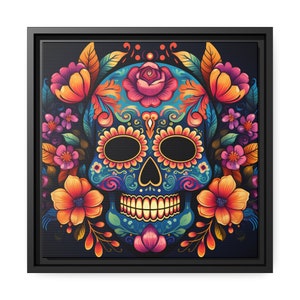 Colorful Sugar Skull | Square Framed Wall Hanging | Dia de los Muertos Decorations | Day of the Dead Wall Décor | La Catrina Calavera Autumn