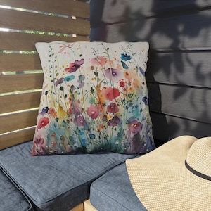 Watercolor Wildflowers Outdoor Throw Pillows | Colorful Floral Accent | Patio Décor | Garden Gift Flowers | Square & Lumbar | UV Treated