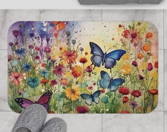 Wildflower Butterfly Bath Mat | Colorful Watercolor Bathroom Décor | Green Blue Purple Orange | Garden Flowers Butterflies Aesthetic Floor