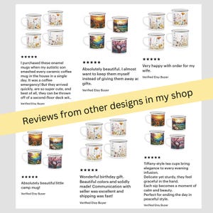 May include: A collection of white enamel mugs featuring various printed designs including wildflower meadows, sunset landscapes, and cherry blossom trees, displayed alongside customer reviews and the text Reviews from other designs in my shop.