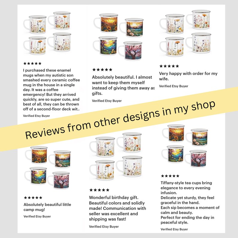 May include: A collection of white enamel mugs featuring various printed designs including wildflower meadows, sunset landscapes, and cherry blossom trees, displayed alongside customer reviews and the text Reviews from other designs in my shop.