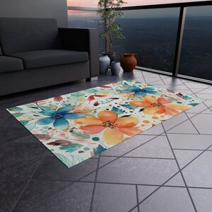 Watercolor Wildflowers Outdoor Rug | Colorful Abstract Floral Patio ...