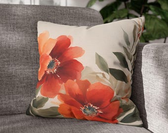 Florales Dekokissen oder Bezug | Bunte Aquarell Mohnblumen Kissen für Sofa, Couch, oder Bett | Boho Vintage Maximal Wohndekor | Orange-beige
