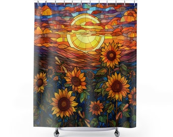 Sunflower Sunset Shower Curtain | Colorful Faux Stained Glass Bathroom Sets | Floral Landscape Dopamine Decor Statement Piece Bath Set