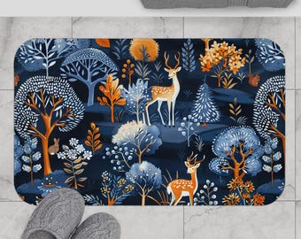 Winter Wonderland Woodland Animal Bath Mat | Blue Orange Maximalist Bathroom Home Décor  Stag Deer Nature Forest Theme Indoor Floor Door Mat