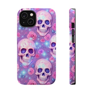 Pastel Goth MagSafe Compatible Tough Phone Case | fits iPhone 15 14 13 Pro Plus Pro Max Mini | Pink Lavender Skulls & Roses | Neon Halloween