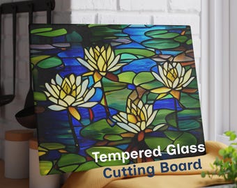 Stained Glass Water Lilies Glass Cutting Board | Artistic Kitchen Decor