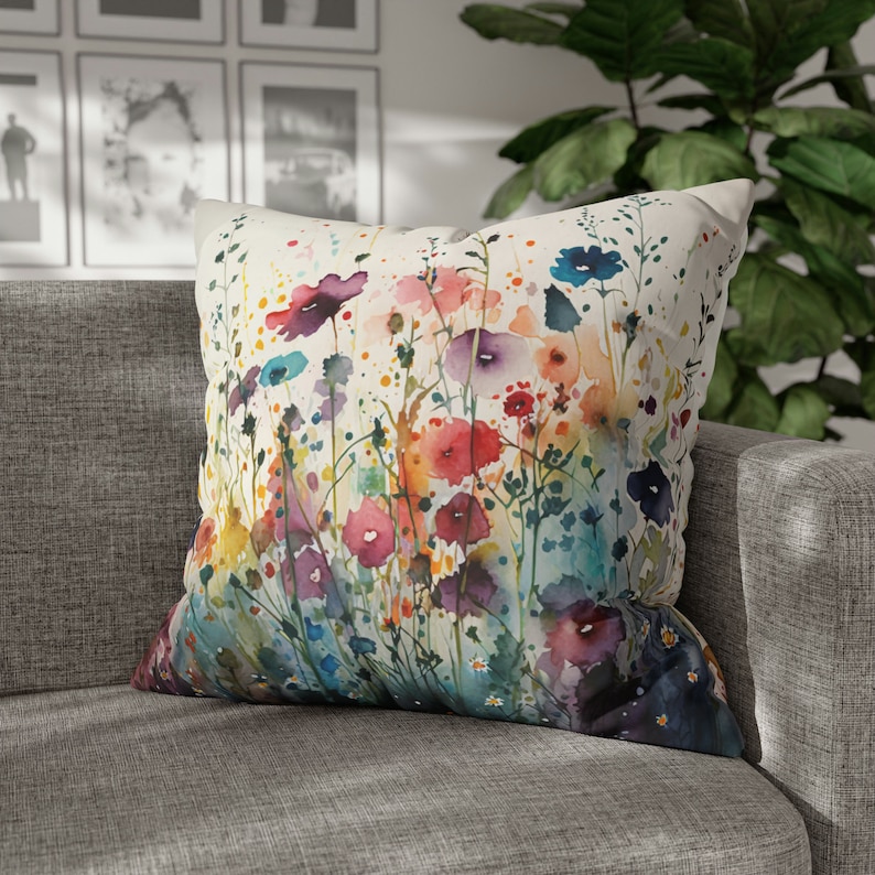 Square Wildflowers Throw Pillow Floral Accent Pillow Cottagecore Home Décor Garden Flowers Posies Pansies Pillowcase Colorful Euro Sham 26" × 26"