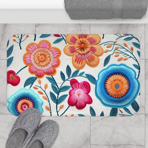 Embroidered Flowers Bath Mat | Colorful Floral Print Bathroom Décor | Mexican Flowers Kitchen Floor Mat Indoor Mat | White Orange Blue Pink