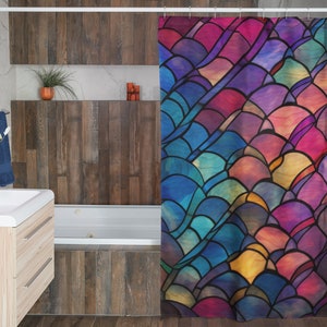 Rainbow Mermaid Scale Shower Curtain | Colorful Stained Glass Bathroom Décor | Red Blue Purple Orange | Kaleidoscope Bath Sets Floor Mats