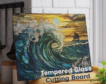 Ocean Stained Glass Design Glass Cutting Board – Nautical Wave Sunset | Coastal Kitchen Decor | Beach House Gift