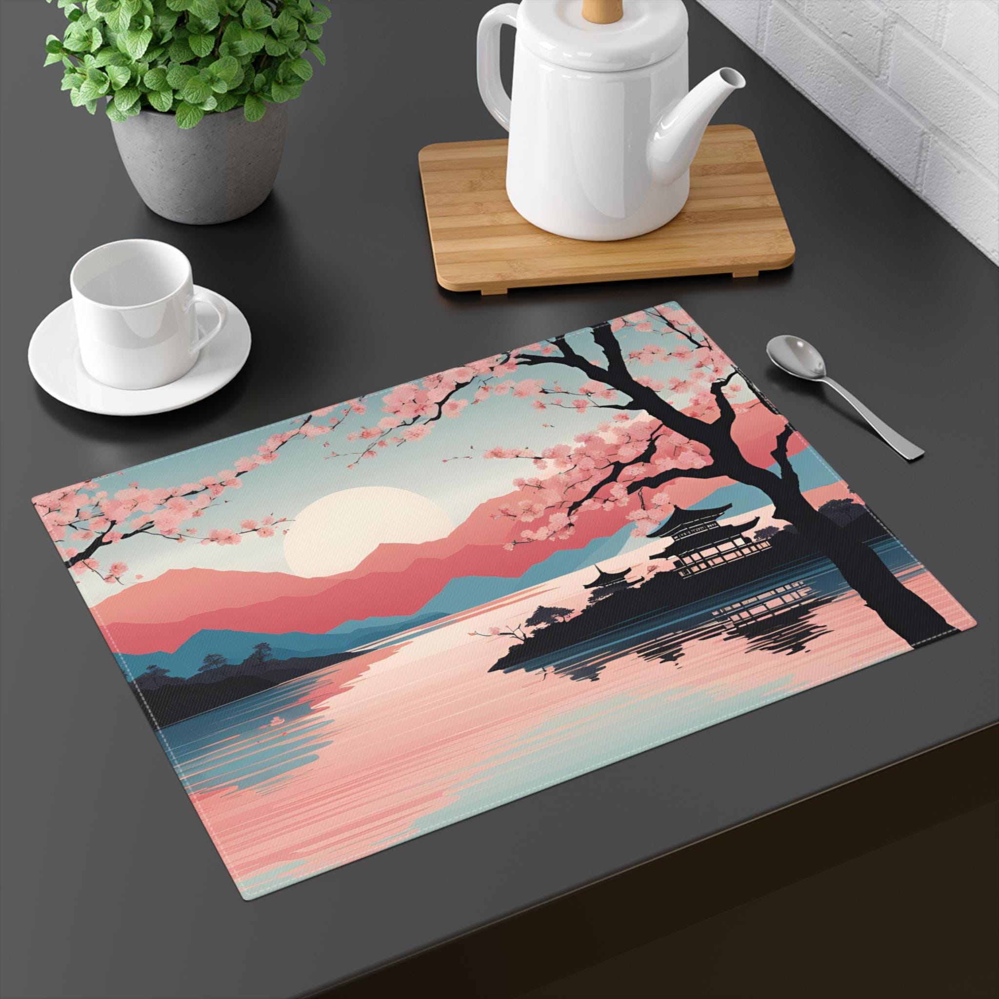 Cherry Blossom Sunset Placemat | Japanese Art Inspired Floral Table Mat ...