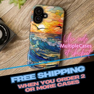 MagSafe Compatible Tough Phone Case fits iPhone 16 15 14 13 Pro Plus Max Mini | Ocean Beach Sunset Stained Glass Design | Blue Orange Waves