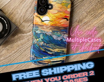 Funda resistente compatible con MagSafe para iPhone 17 Air 16 15 14 13 Plus Pro Max Mini / Diseño de vidrieras con olas azules del océano, playa y atardecer