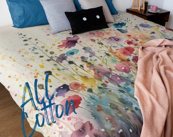 Wildflowers Soft Cotton Duvet Cover | King Queen Double Full | Colorful Floral Watercolor Statement Bedding | All Natural Fiber Bedspread