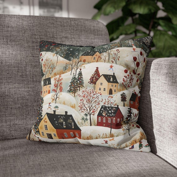 Retro Christmas Village Snowy Day Countryside Square Accent Pillow | Cozy Festive Winter Holiday Seasonal Home Decor Xmas Throw Pillow Cover