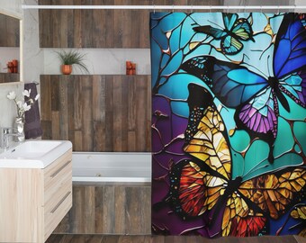 Butterfly Shower Curtain | Colorful Stained Glass Effect Bathroom Décor | Blue Purple Orange Green Yellow | Unique Butterflies Aesthetic