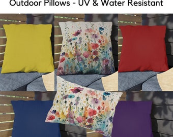 Watercolor Wildflowers Outdoor Throw Pillows | Colorful Floral Accent Pillow | Patio Décor | Garden Flowers Posies Pansies | Square & Lumbar