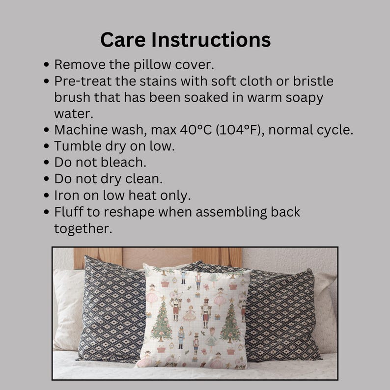 May include: Three decorative pillows with a Christmas theme. The center pillow features a festive print with nutcrackers, Christmas trees, and figures in pink and green. The other two pillows have a geometric pattern. The image also includes care instructions.