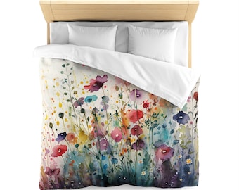 Watercolor Wildflowers Duvet Cover | Colorful Floral Queen King Twin XL Bedding | White Green Blue Red Yellow | Garden Flowers Aesthetic