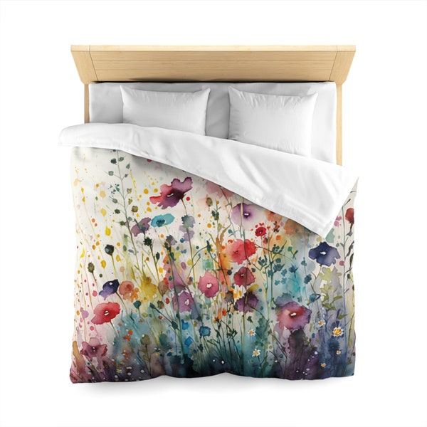 Housse de couette aquarelle fleurs sauvages | Linge de lit fleuri coloré pour très grand lit, très grand format, très grand format | Blanc Vert Bleu Rouge Jaune | Fleurs de jardin esthétiques