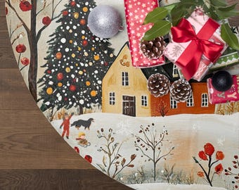 Könnte beinhalten: Ein runder Weihnachtsbaumrock mit einer Winterdorf-Szene. Der Rock zeigt einen geschmückten Weihnachtsbaum, Häuser und Figuren, die im Schnee spielen. Geschenke, Tannenzapfen und Ornamente sind oben angeordnet.
