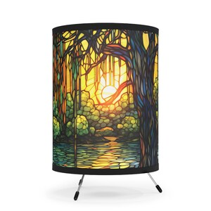 Lampe de table bayou en saule pleureur effet vitrail Paysage coloré au coucher du soleil Éclairage décoratif unique pour la maison Vert Orange Jaune image 9