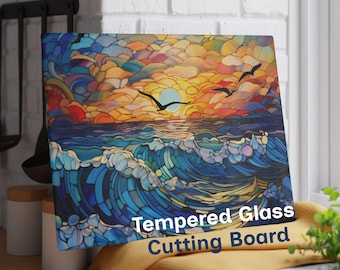 Coastal Stained Glass Cutting Board – Ocean Waves at Sunset, Nautical Beach Kitchen Decor