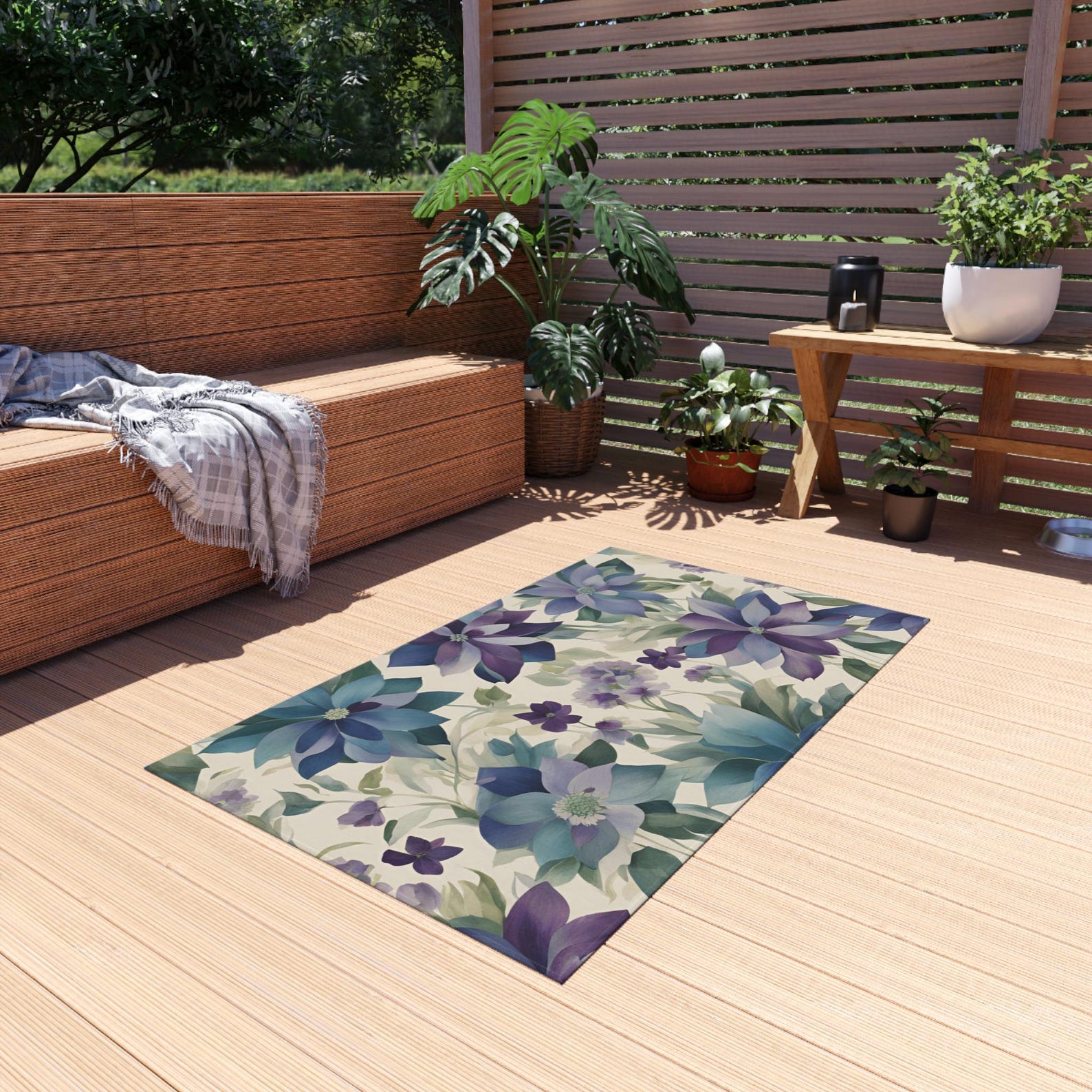 Outdoor Rug | Floral Accent Patio Carpet Runner | Blue Purple Lavender ...