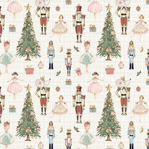 May include: A repeating pattern on a grid background featuring watercolor illustrations of nutcrackers, ballerinas, mice wearing crowns, decorated Christmas trees, gift boxes, and ornaments in shades of green, pink, blue, and gold.
