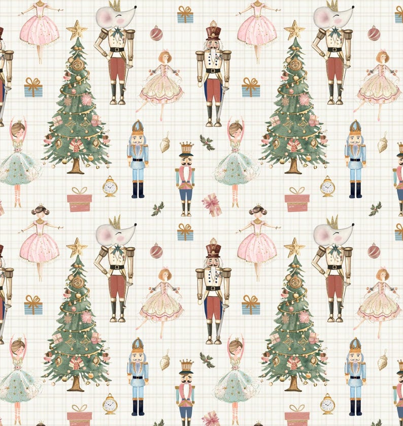 May include: A repeating pattern on a grid background featuring watercolor illustrations of nutcrackers, ballerinas, mice wearing crowns, decorated Christmas trees, gift boxes, and ornaments in shades of green, pink, blue, and gold.