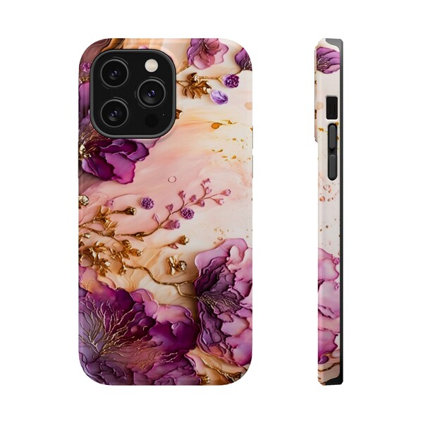 3D Fuchsia Botanical MagSafe Tough Phone Case fits iPhone 15 14 13 Plus Pro Max Mini | Hot Pink Purple Flowers Gold Leaves Floral Aesthetic