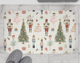 Nutcracker Theme Bath Mat - Cozy Winter Decor, Pink Beige Ballet Design, Christmas Accent, Sugar Plum Fairy Mouse King, Holiday Bathroom